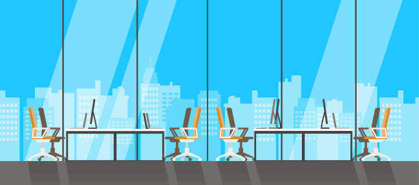 现代办公和摩天大楼的背景。透过大窗户可以看到城市的景色。现代平面彩色矢量插图。图片下载