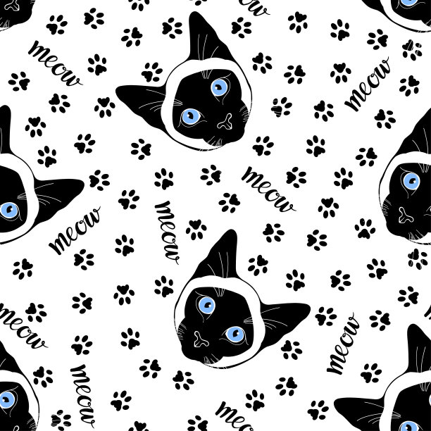 暹罗猫。无缝模式与猫脸和痕迹猫脚。手绘矢量插图在白色。动物艺术背景。图片下载