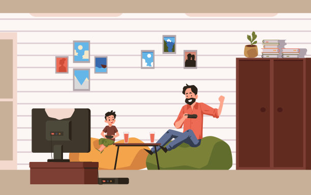 父亲和儿子享受共同的时间和玩游戏，平面矢量插图。图片下载