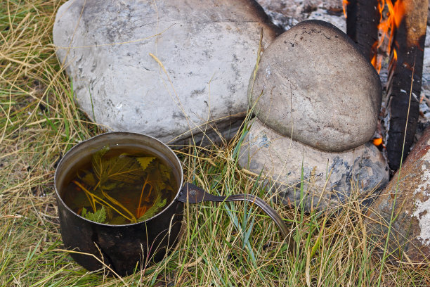 篝火和游客保龄球与草药茶。旅游食品的概念徒步旅行。在火上做饭图片下载