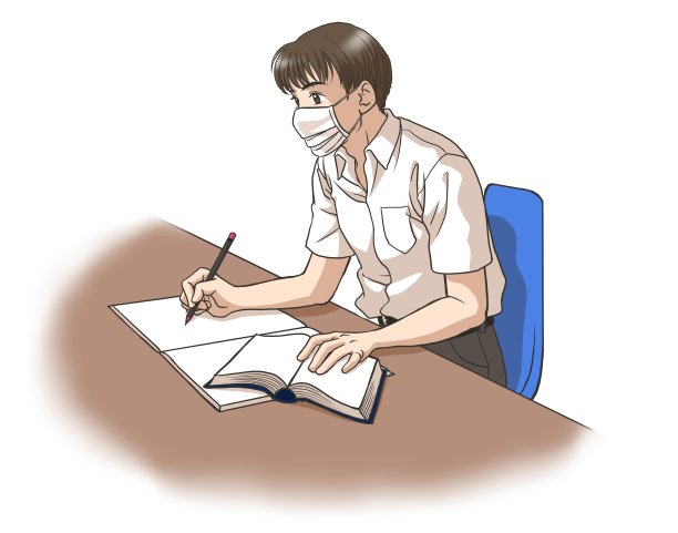 一个十几岁的男孩穿着校服(夏天)戴着面具在书桌前学习图片下载