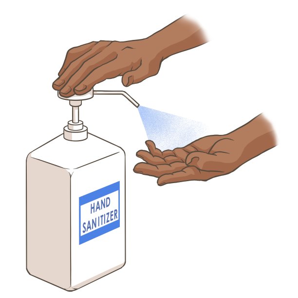 一个黑人的手压在泵瓶上(有英文标签)，另一方面喷洒消毒剂图片下载