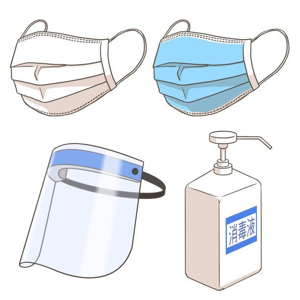 一个白色口罩，一个蓝色口罩，一个面罩和一瓶洗手液(标签上的日语意思是“洗手液”)图片下载