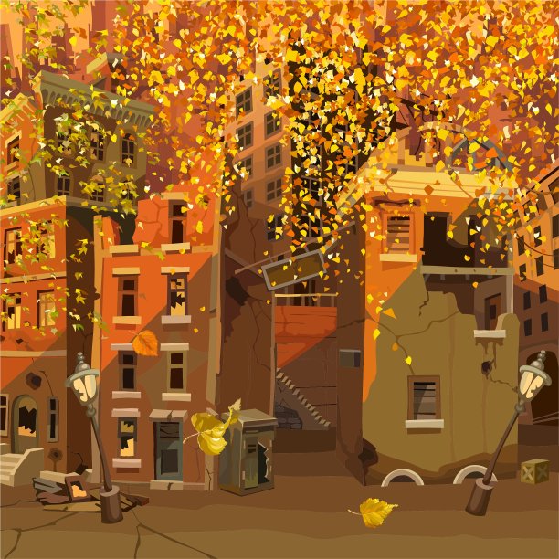 废墟城在秋叶飘落图片下载