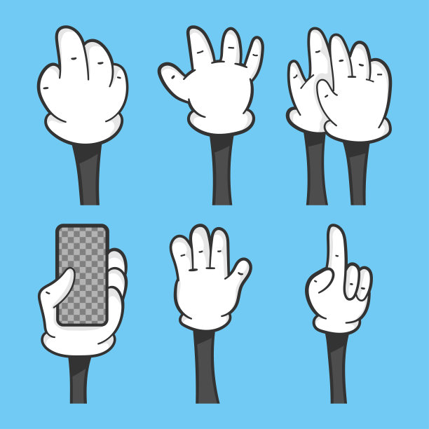 卡通手在手套与不同的手势向量设置孤立的背景。图片下载