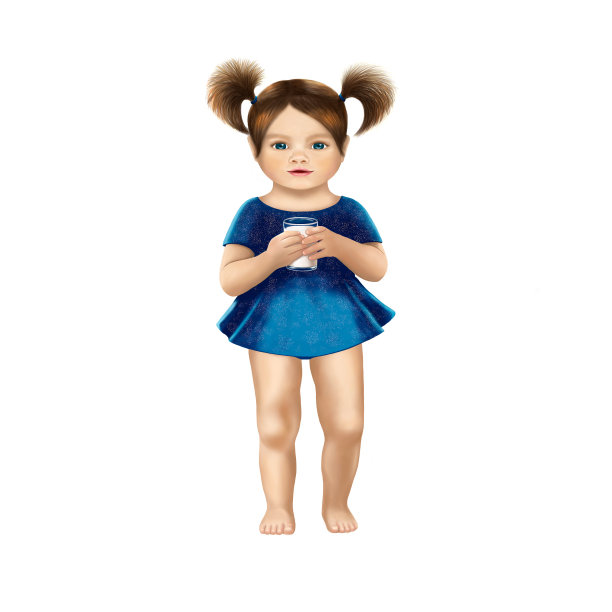 一个拿着一杯牛奶的小女孩，在白色的背景上以写实的风格画出来图片下载