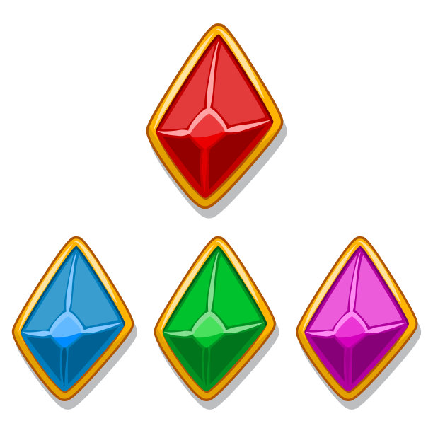 珠宝宝石在一个金框架红、蓝、绿、紫颜色的钻石形式。矢量元素的手机游戏和网页设计孤立的白色背景。卡通图标。图片下载