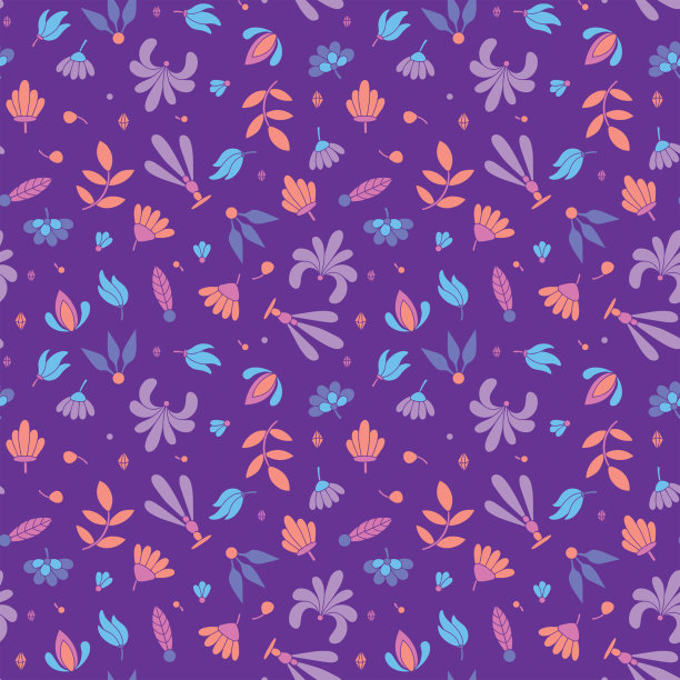 现代彩色无缝紫罗兰图案与花卉和几何元素。紫色，橙色，蓝色和粉红色图片下载