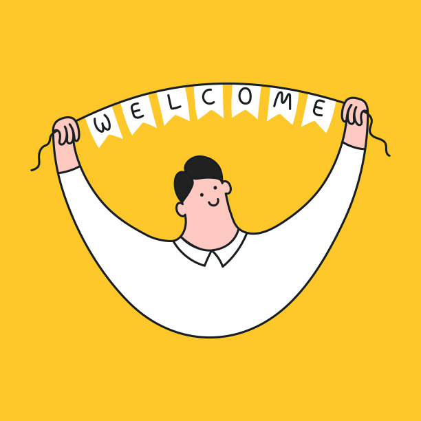 欢迎页面，可爱的卡通人物，头上写着“欢迎”字样图片下载