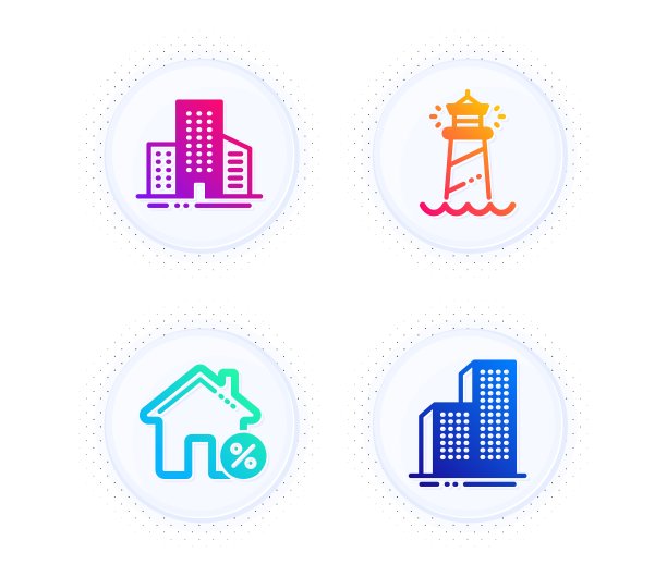 建筑物，贷款屋和灯塔图标集。摩天大楼的建筑标志。向量图片下载