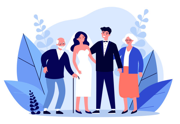 一对幸福的新婚夫妇和年长的父母站在一起图片下载