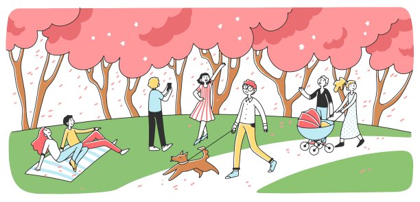 快乐的人们在城市公园里散步图片下载