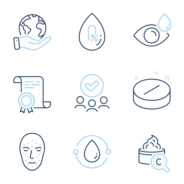 冷压油，药片和无酒精图标设置。胶原蛋白皮肤，眼药水和面部生物特征。向量图片下载