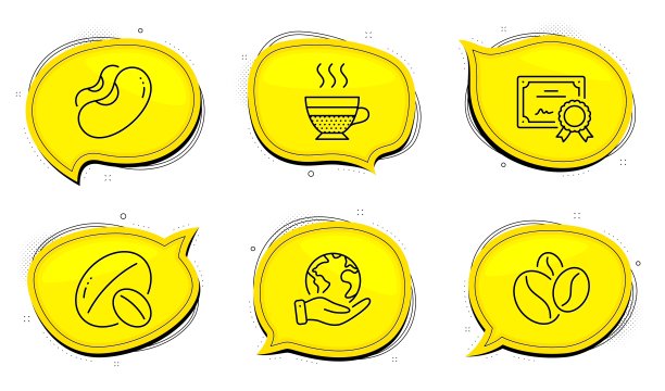 咖啡奶油，大豆坚果和豆类图标设置。咖啡豆的迹象。热咖啡，素菜，草籽。向量图片下载