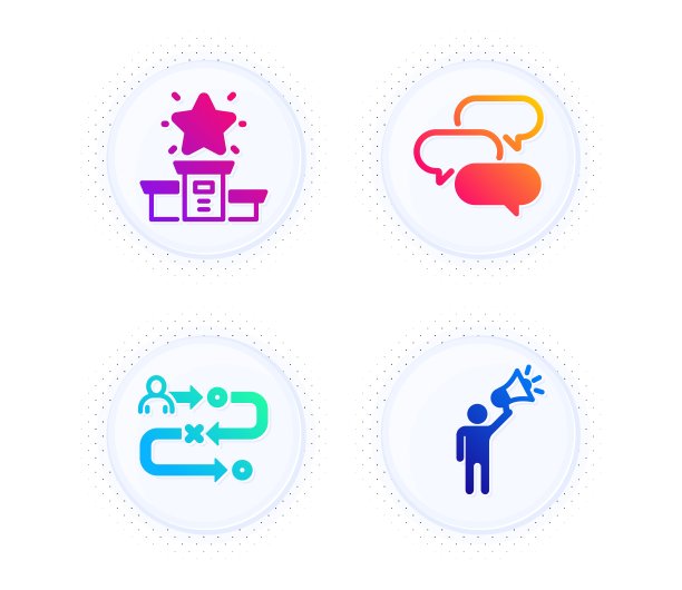 赢家领奖台，旅程路径和谈话气泡图标设置。品牌大使的迹象。向量图片下载