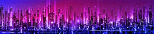 矢量夜城市天际线与霓虹灯和生动的颜色。图片下载