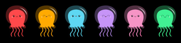 六个水母图标设置线。可爱的卡通卡哇伊有趣的婴儿角色。微笑的脸。海海洋动物。儿童t恤，笔记本封面印刷。黑色背景。孤立。平面设计。图片下载