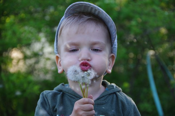 一个可爱的白人男孩的肖像穿着绿色的衬衫和帽子吹在一个白色的蒲公英，模糊的绿色背景图片下载
