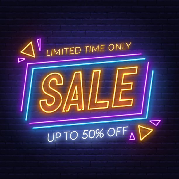 销售霓虹灯的砖墙背景。特别优惠霓虹横幅。图片下载