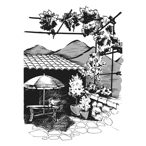 葡萄园下的意大利庭院，以山为背景，素描，涂鸦，矢量插图图片下载