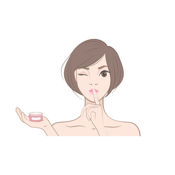 矢量插图。日本女孩把一根手指放在嘴唇上。皮肤护理。奶油图片下载