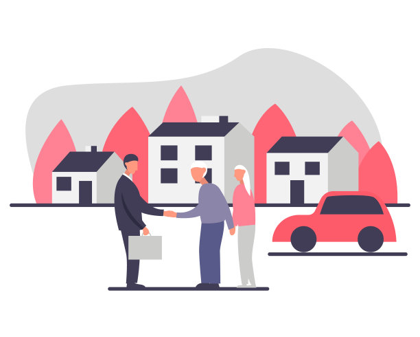 独立生活的高级夫妇概念矢量插图。一对老年夫妇和房地产经纪人在退休社区买了一套房子，那里有公园和植物，气氛温馨舒适图片下载