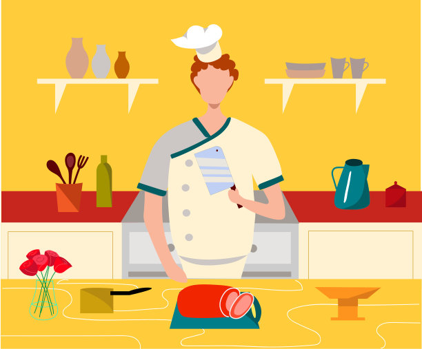 厨师、厨师或餐厅工作人员穿制服。穿厨师服的男人准备食物。厨房在后面。平面向量插图。图片下载