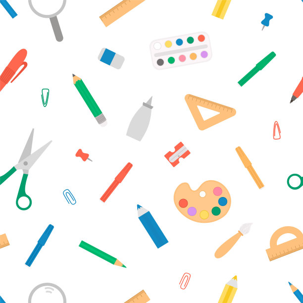 矢量无缝模式与文具和学校，艺术或办公用品。教育数码纸。可爱的平面风格重复的背景与铅笔，钢笔，尺子，剪刀，颜料。图片下载