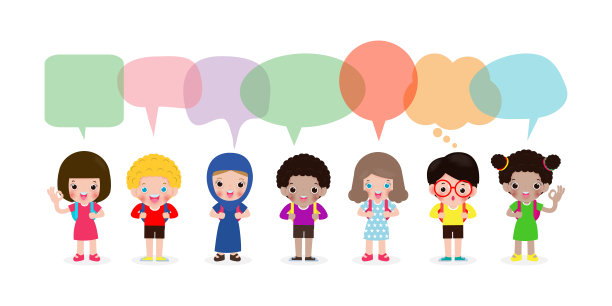 可爱的孩子说话气泡，不同的孩子和不同国籍的说话气泡孤立在白色背景，孩子去学校说话气球，回到学校，矢量图片下载