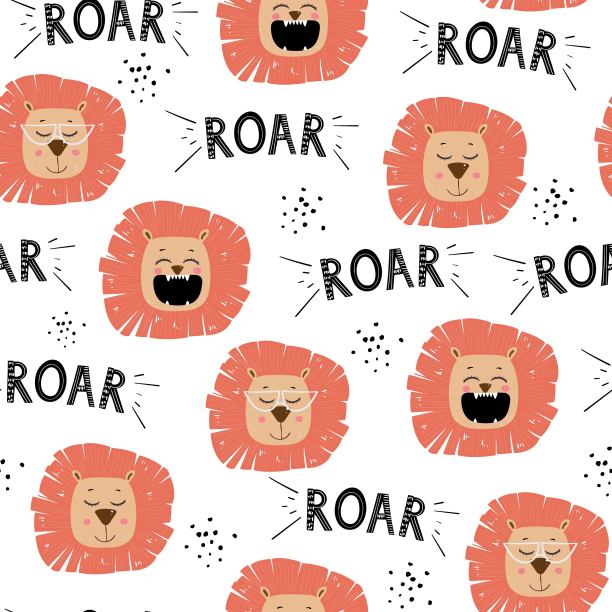 无缝矢量图案与可爱的卡通狮子。时装面料插图，纺织图形，印花。图片下载