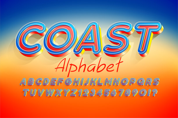 彩色3d显示字体设计，字母，字母和数字。图片下载