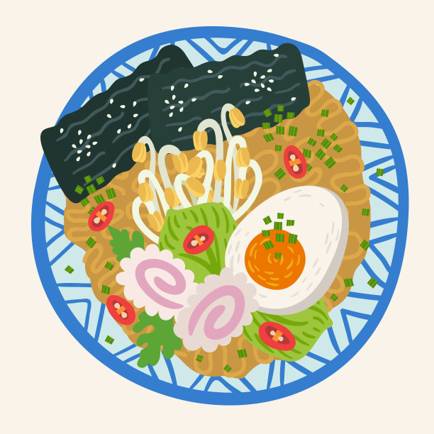 桌上碗里的拉面。前视图。插画与日本汤扁平化风格。亚洲食物:味噌，鸡蛋，紫菜，韭菜，面条，猪肉，豆芽，日式料理，猪木，小白菜。向量组成。图片下载