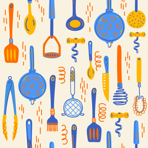 与厨房用具无缝搭配。斯堪的纳维亚风格的厨房元素插画。有趣的卡通剪纸与手绘厨房用具。向量涂鸦剪纸艺术。图片下载