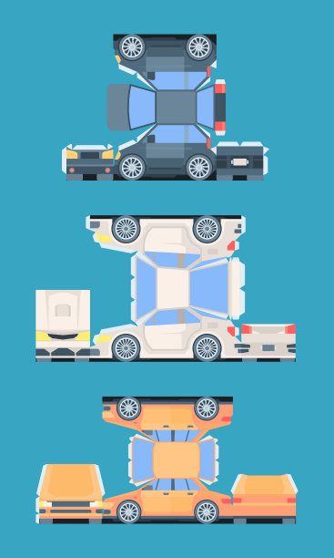 切割装配成套客车模型。纸彩车切片胶合有趣的爱好，儿童和成人创造自己独特的稀有玩具收藏。矢量动画。图片下载