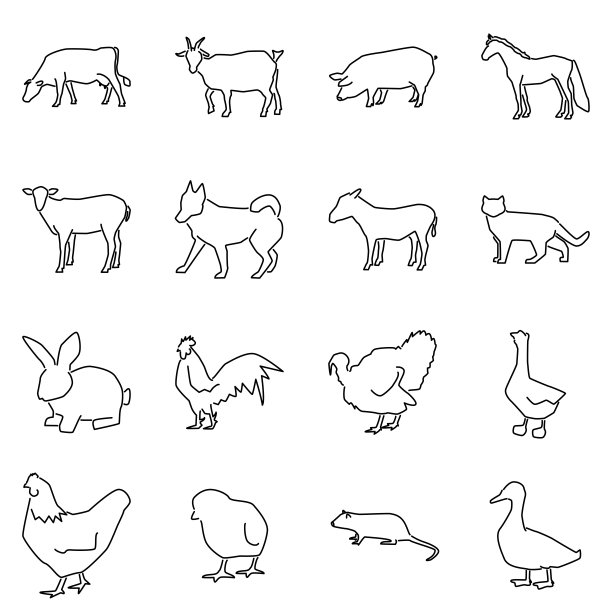农场动物和鸟类大图标设置。图片下载