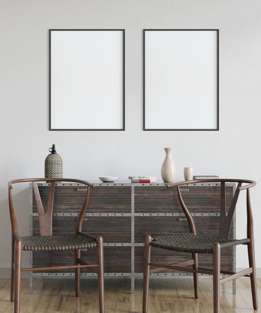 客厅墙上的模型。北欧室内。3d渲染，3d插图图片下载