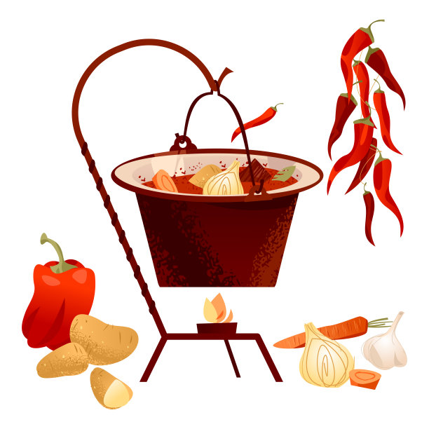传统的匈牙利菜。炖牛肉汤与肉，辣椒，土豆，洋葱，大蒜和胡萝卜在大锅。图片下载