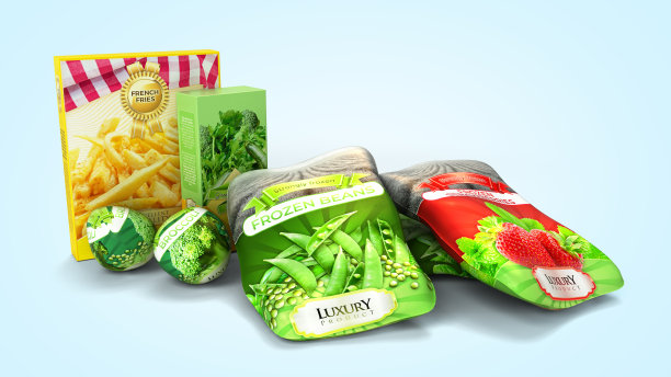 新鲜食物不同的蔬菜包3d渲染在蓝色梯度图片下载