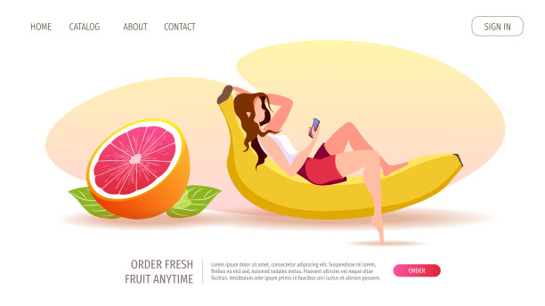 网站设计与女人躺在香蕉和葡萄柚。采购产品健康饮食，有机食品，甜点，饮食，新鲜水果，在线食品订购概念。图片下载