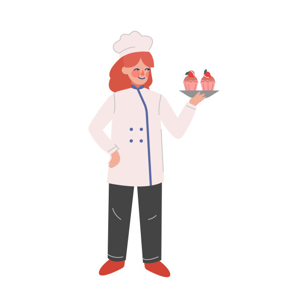 女职业厨师角色与美味的纸杯蛋糕，女面包师穿着传统制服在餐厅或咖啡馆工作，矢量插图图片下载