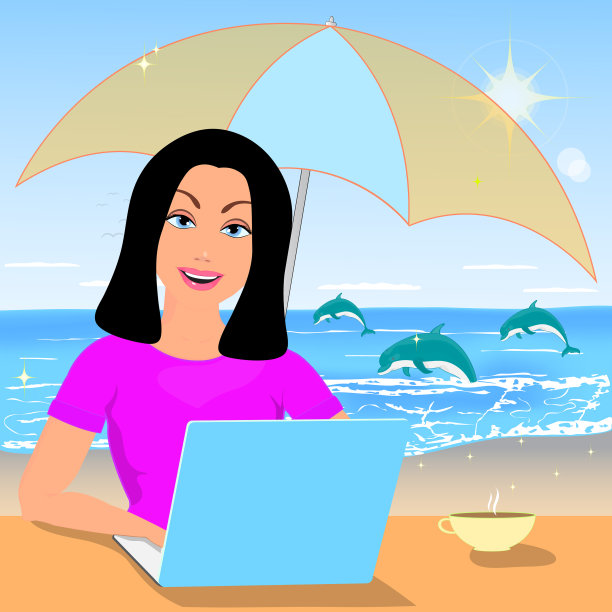 在海的背景上有一台笔记本电脑的女孩图片下载