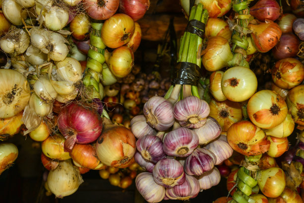 收成。一捆捆的大蒜和洋葱在村里的谷仓里晒干图片下载