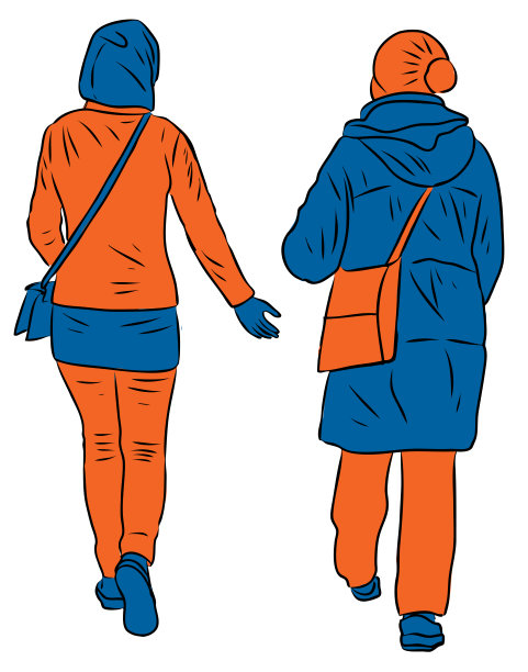 城镇妇女一起在户外行走的矢量图图片下载