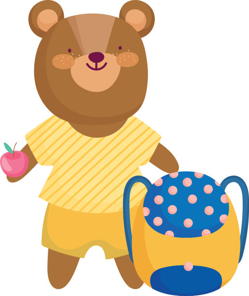 回到学校，小熊背包和苹果卡通图片下载