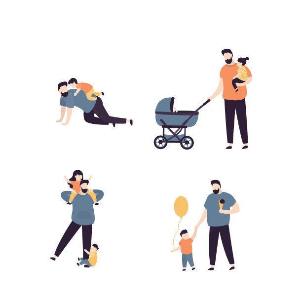 和爸爸在一起的亲子活动合集。英俊的父亲和孩子们玩耍。人物素材，白色背景图片下载
