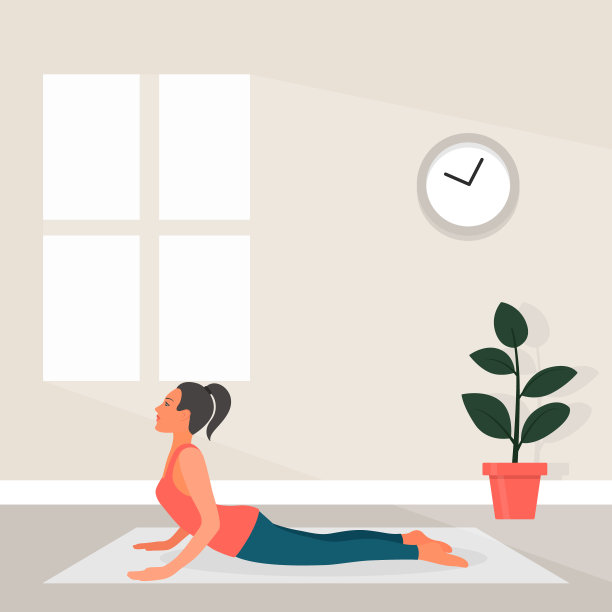 女性瑜伽在平面风格。矢量插图美丽的卡通女人在Bhujangasana瑜伽姿势。家庭体育的概念图片下载