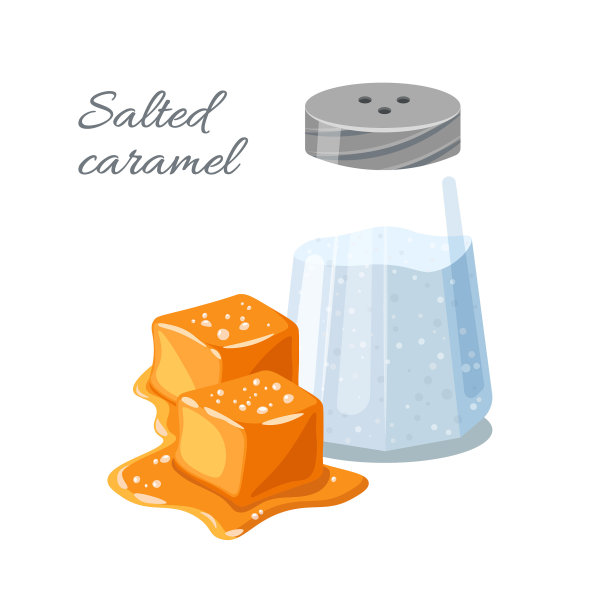 一块盐焦糖和盐在一个搅拌器孤立的白色背景。图片下载