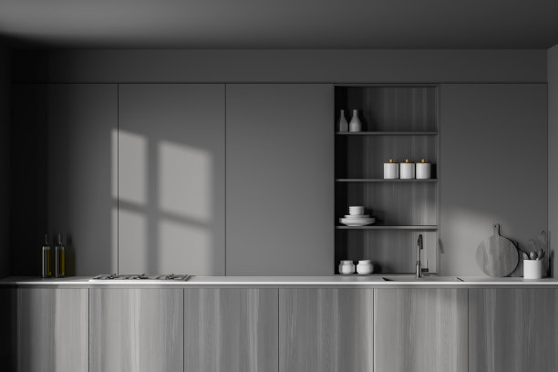 灰色厨房里的木制台面图片下载