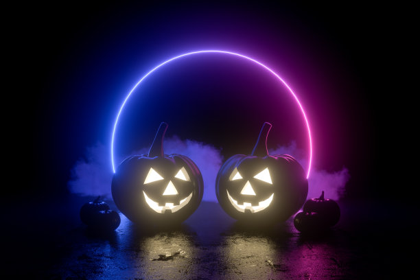 3D南瓜万圣节与幽灵的脸，杰克O'灯笼，烟和霓虹灯图片下载