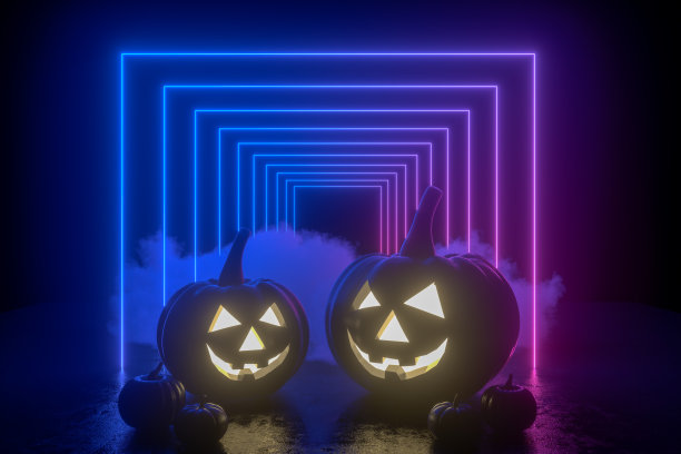3D南瓜万圣节与幽灵的脸，杰克O'灯笼，烟和霓虹灯图片下载
